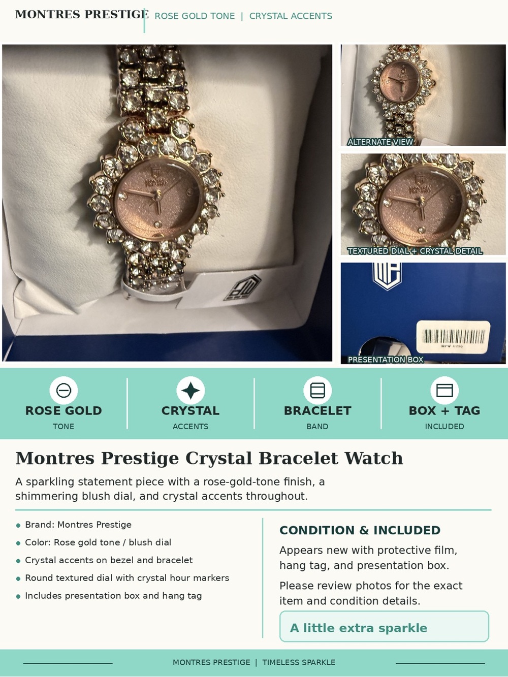 Montres Prestige Rose Gold Tone Crystal Accent Bracelet Watch